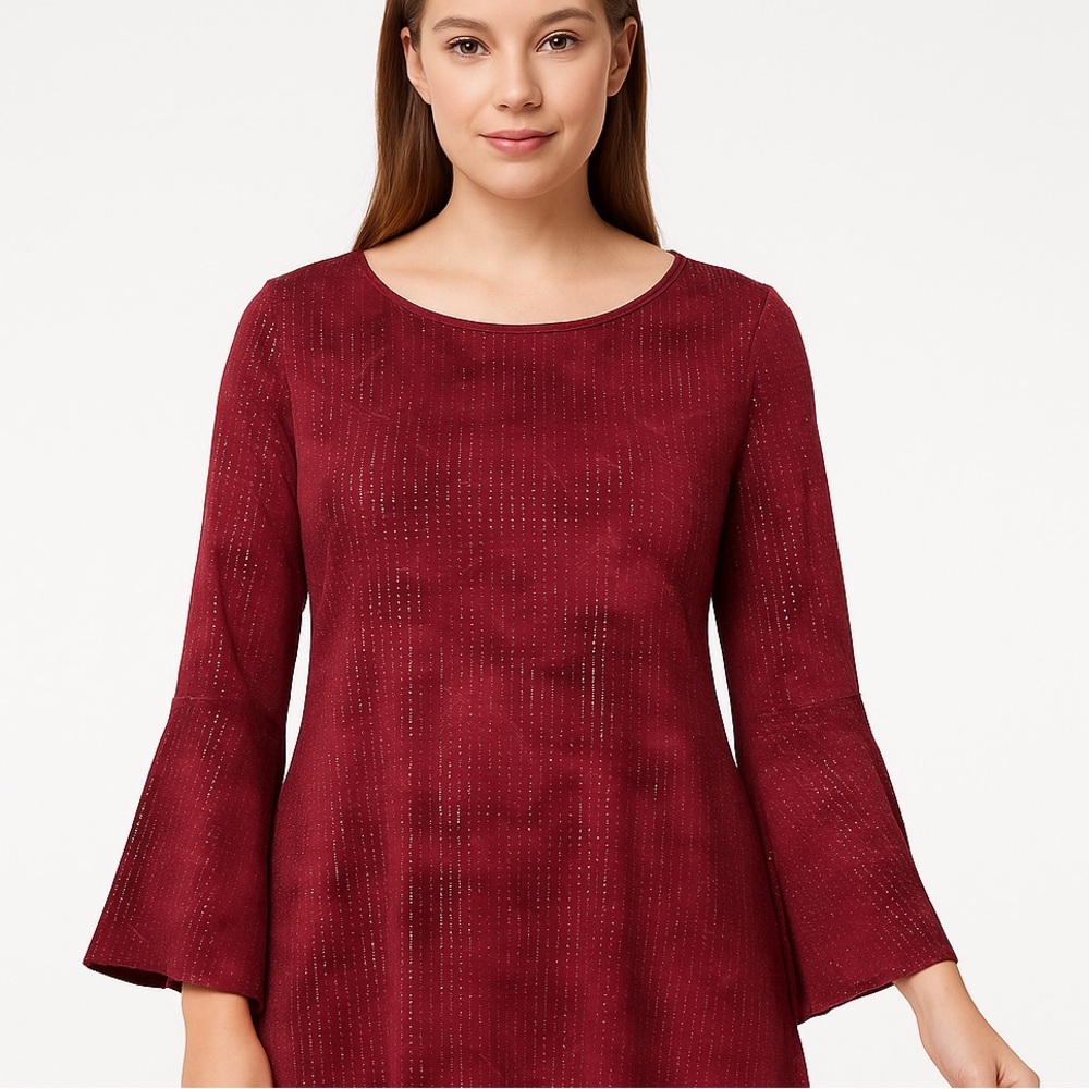New Directions Burgundy Metallic Bell Sleeve Tunic Top Medium Boho Witchy charm